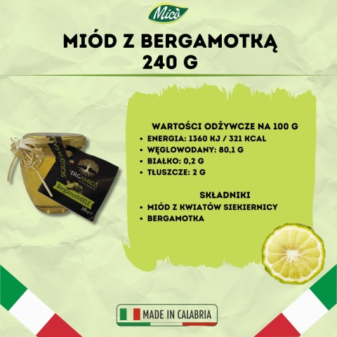 Miód z kwiatów sierenicy włoskiej (sulla) z bergamotką 240g